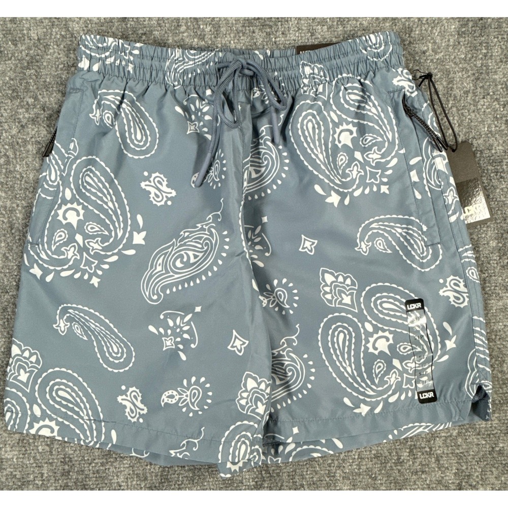LCKR Mens Small Blue White Paisley Zip Pockets Athletic Swim Shorts NWT